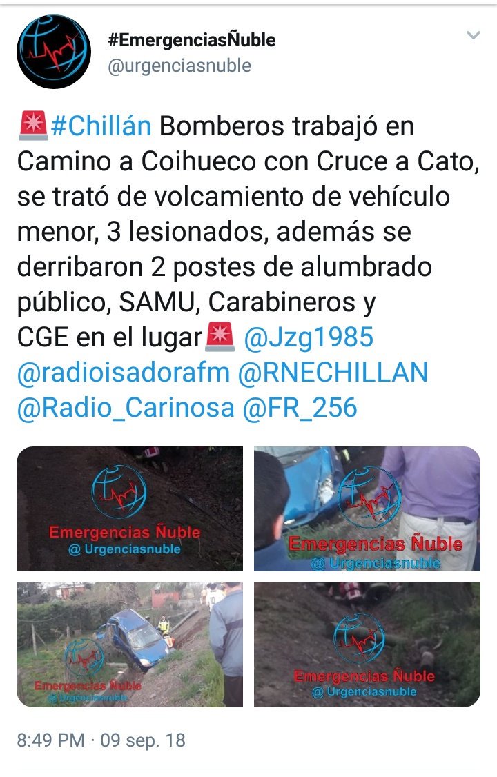 RTNUBLE's tweet photo. ESTIMADOS AMIGOS Y SEGUIDORES... LOS INVITAMOS A SEGUIRNOS EN NUESTRA NUEVA CUENTA, EN @urgenciasnuble.
NO SE PIERDAN LAS INFORMACIONES DE TODAS LAS EMERGENCIAS OCURRIDAS EN NUESTRA NUEVA REGIÓN DE ÑUBLE.  @Amigos_Informa @AutopistaItata @KarendTV @Mega @tvnredbiobio @canal13 https://t.co/5Q1pFwHDIM