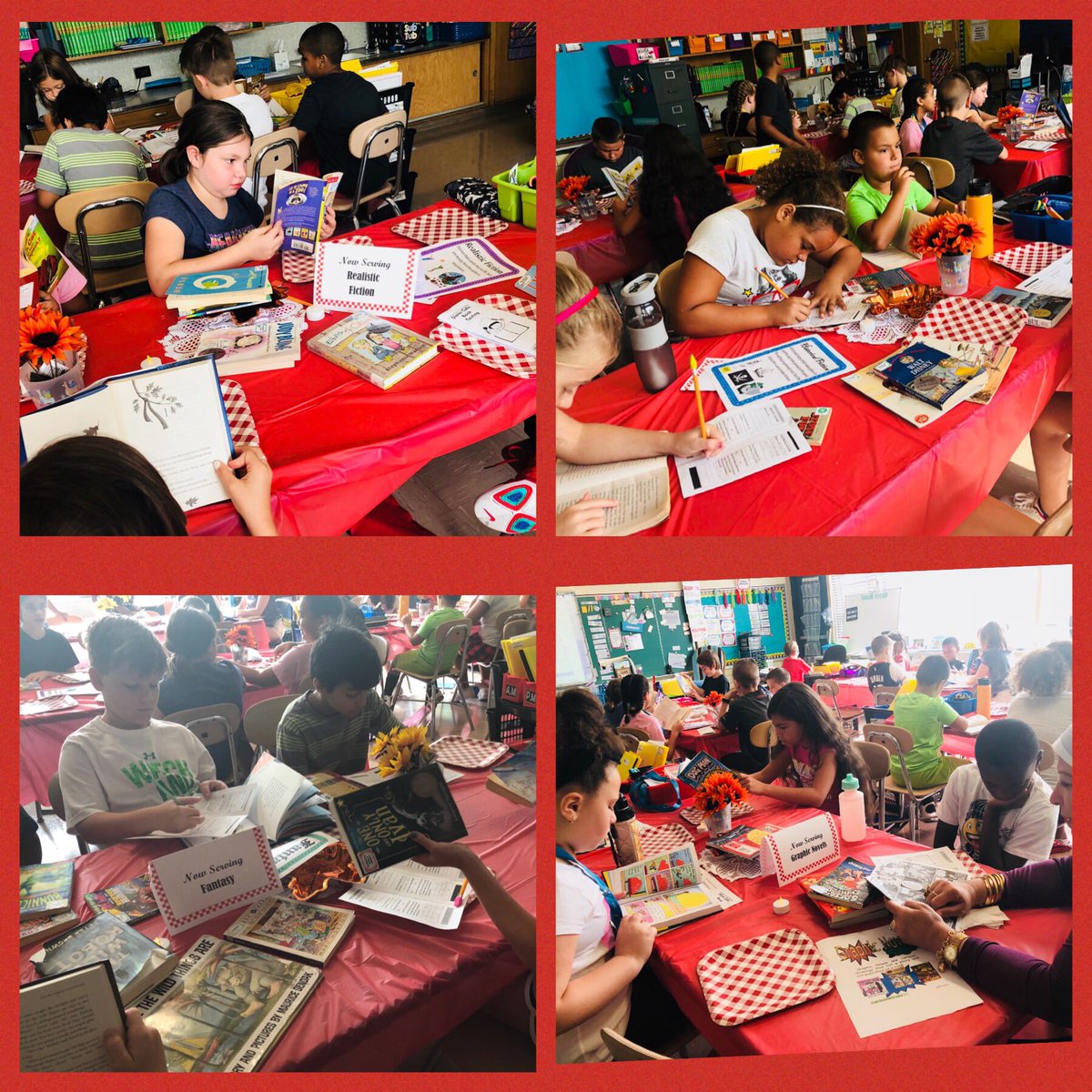 lauramossa's tweet photo. @GrangeES’ Mrs. Slater is such a great #bookhost! Her Gr. 4 Ss enjoyed a book tasting to explore different genres in their classroom library & then choose books for independent reading! @focusedin4th #grangereads @BCPS_ELA https://t.co/oUDIAbCPHS