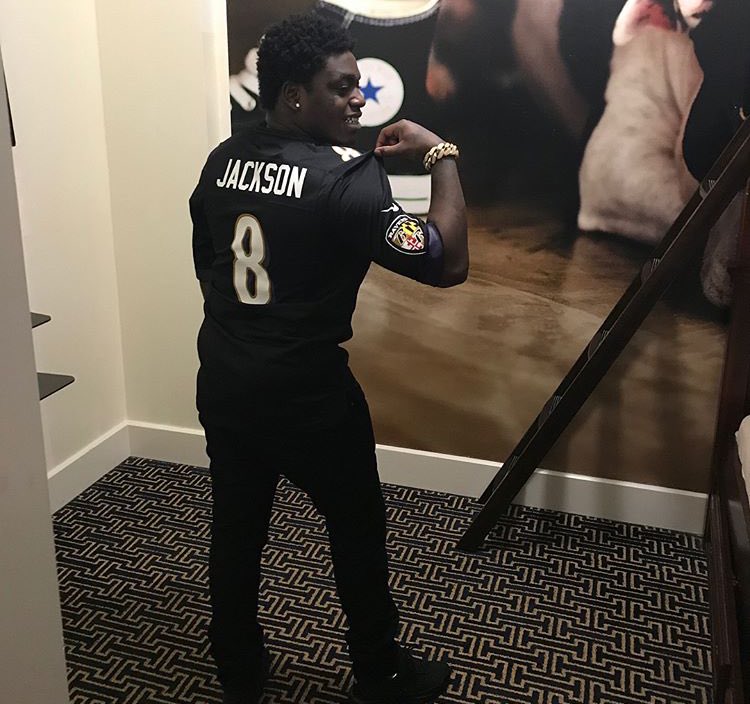 Kodak Black Wearing a Lamar Jackson Jersey With Matching Nike x Lakers  Dunks