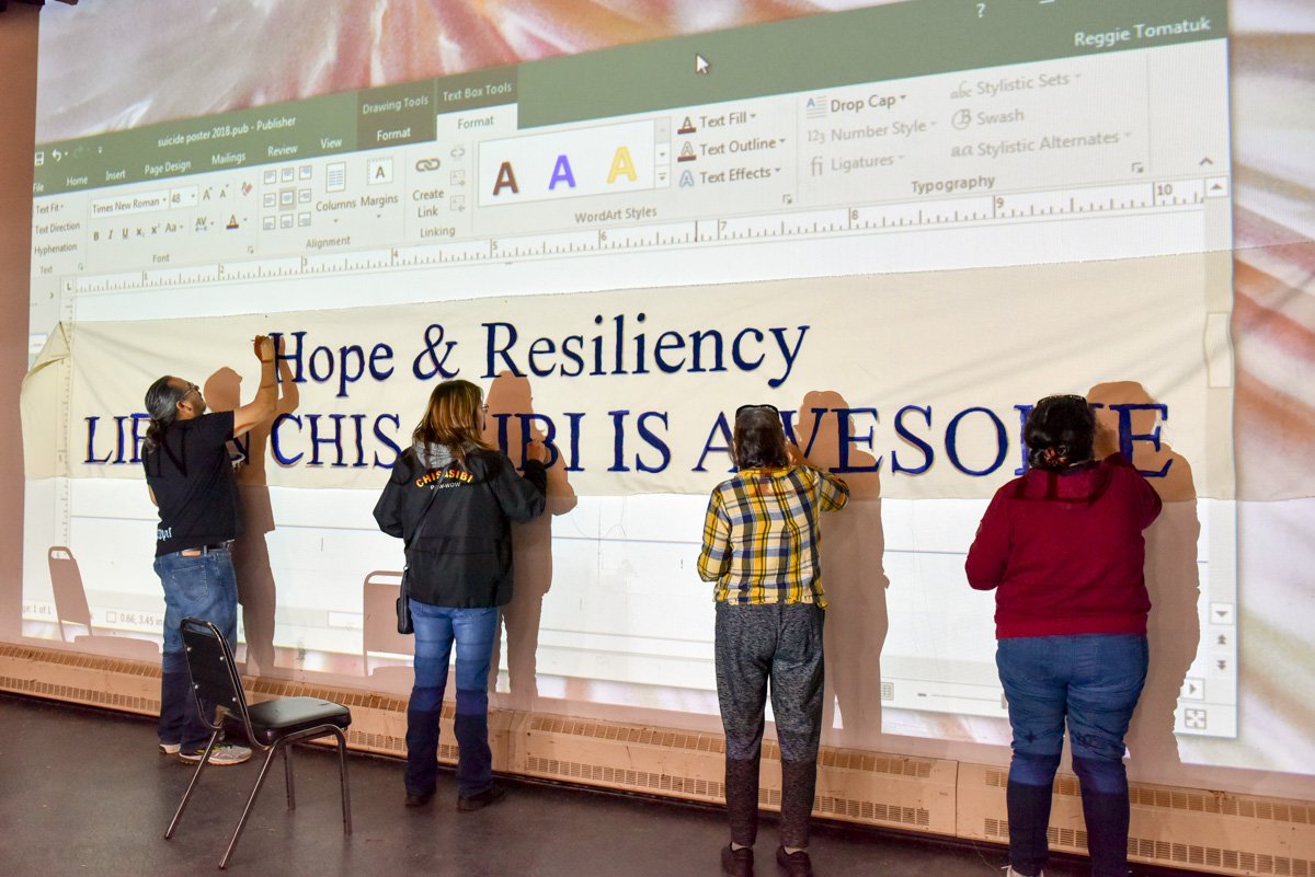 Regional Suicide Prevention &amp; Awareness Committee members &amp; volunteers working hard today painting banners in anticipation of the 2nd annual regional Suicide Prevention Conference that starts tomorrow in Chisasibi #EeyouIstchee. creehealth.org/library/online… #firstnations #indigenous