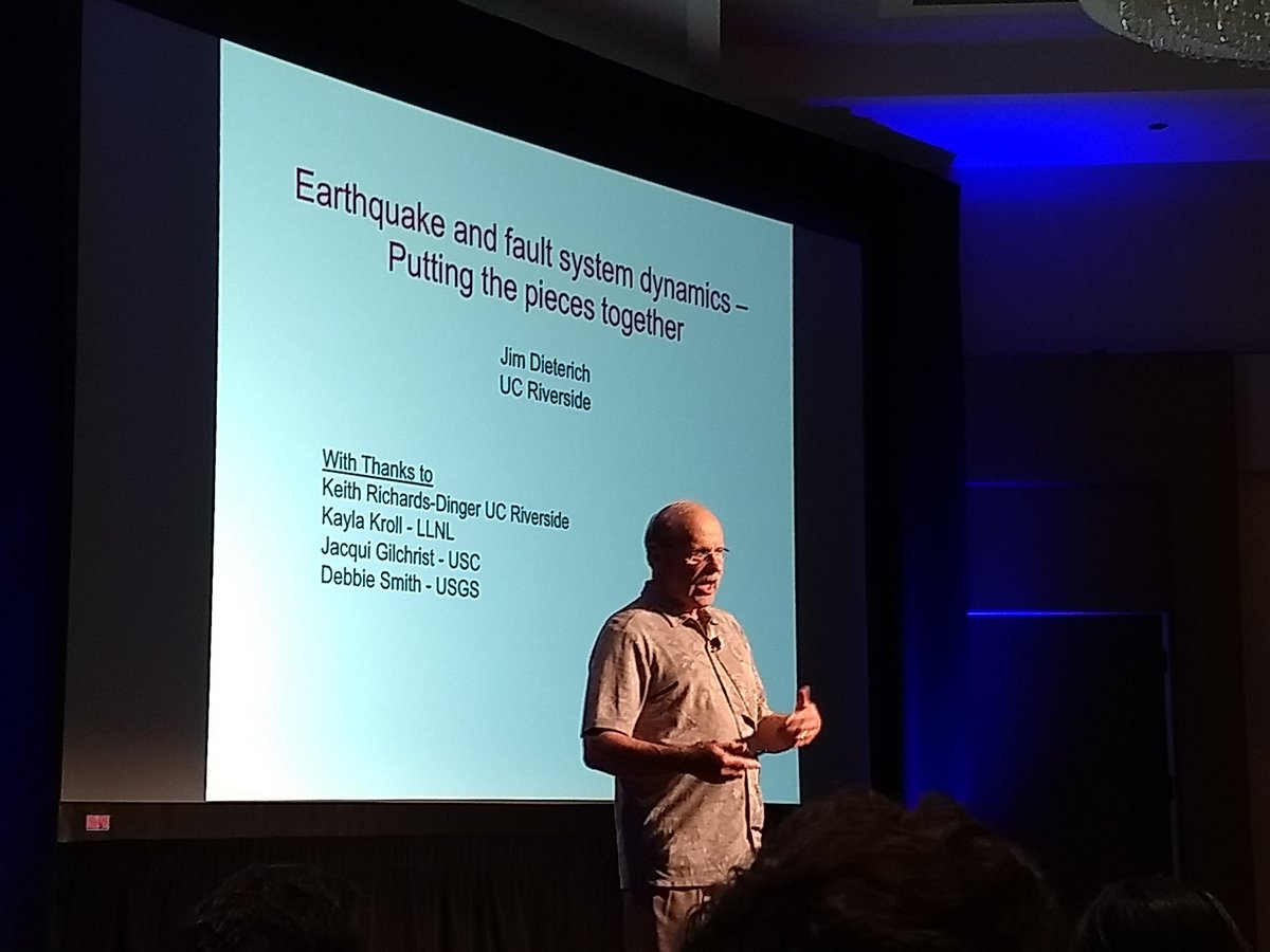 gfun's tweet photo. The SCEC Annual Meeting is go! First up: my distinguished colleague from @UCR_Earth_Sci, Jim Dieterich, talking about fault system modelling. Awesome! #scecmeet #SCEC2018 #scec18 #WhichHashtagShouldIUse https://t.co/FuYxIcZ7DW