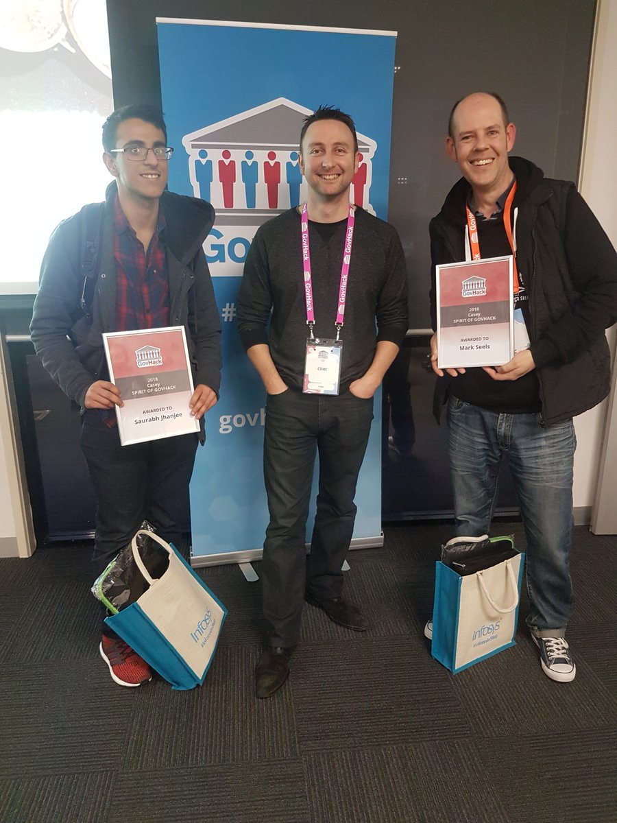 GovHackCasey's tweet photo. What an amazing #GovHack event at @CityOfCasey! Here is our 2017 @GovHackVIC Spirit of GovHack Winner and Event Host @clintallsop with our @CityOfCasey Spirit of GovHack Winners Saurabh Jhanjee and Mark Seels. 😃🏆 https://t.co/0Y5tqRIeL8