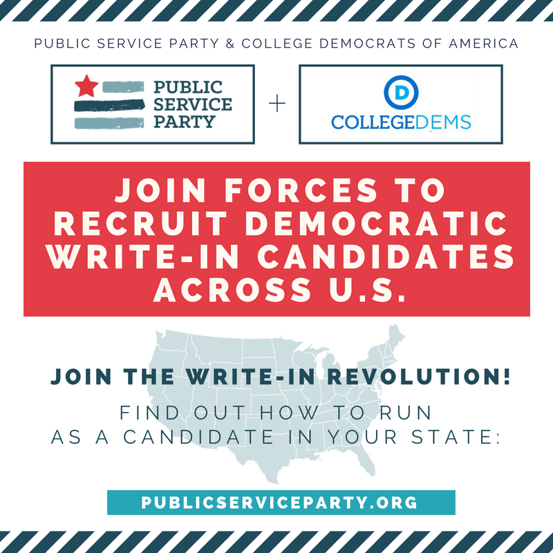 PublicSvcParty's tweet photo. @AYAmericans  The Public Service Party is recruiting young people to run as Democratic WRITE-IN candidates in districts where Republicans have no challengers. Step up and RUN. Find out how at https://t.co/U8iE51E5UY Join the #writeinrevolution #changecantwait https://t.co/NV2FvrAeob