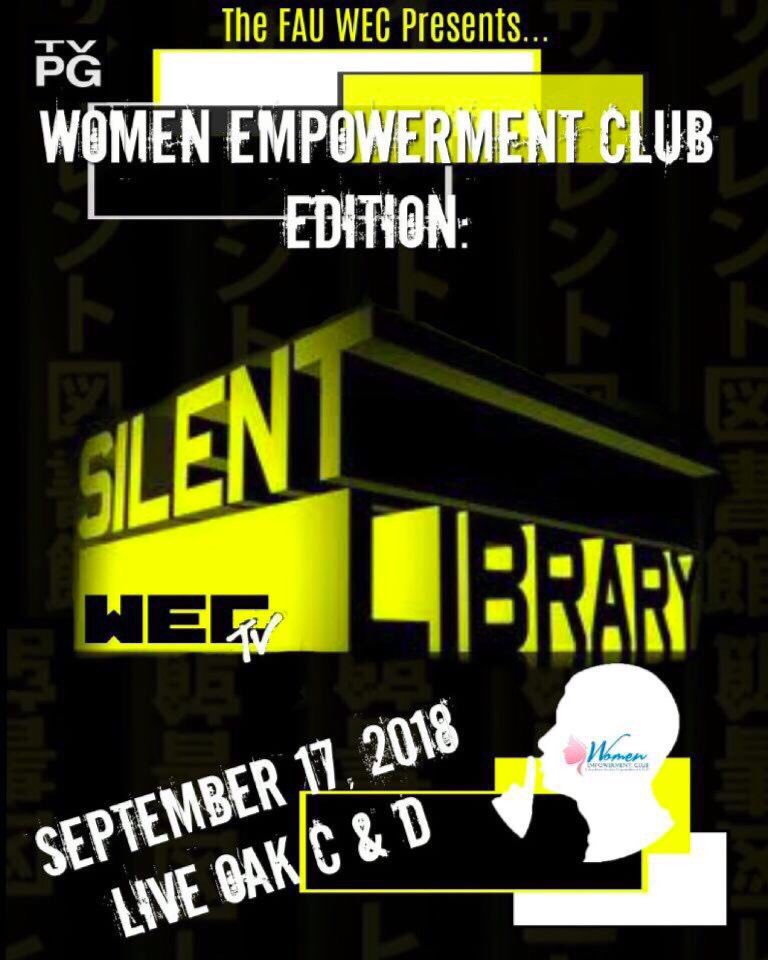 Fau_Pulse's tweet photo. SHHHHH 📵 How quiet can you be? Come join the FAU Women Empowerment Club host our very first Silent Library as 10 different organizations compete to see how SILENT they can be. Tune in on September 17th at 5:30 pm in Live Oak C &amp; D for a show you won’t want to miss! https://t.co/800LdrmNUv