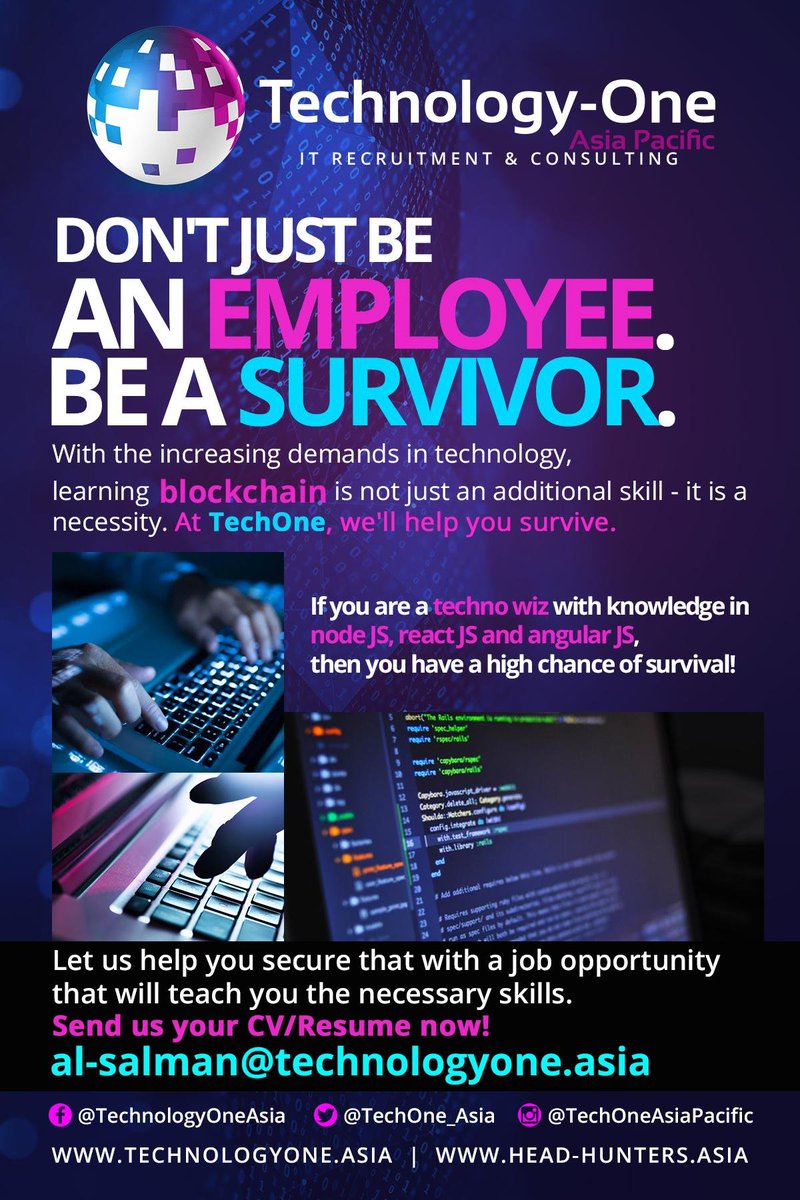 TechOne_Asia's tweet image. Technology One Asia Pacific is looking for a SURVIVOR! If you think you have the chops, send us your application now. Read the ad for more information.  You may also visit our website to see other job listings technologyone.asia. 
#IT #Jobs #Technology