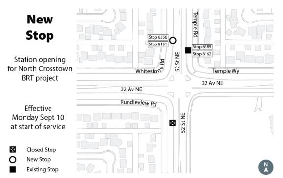 calgarytransit's tweet photo. #CTRiders Starting tomorrow, Sept. 10th. Bus stops #6356 and #8151 will be relocated from the farside of 32nd AVE to the nearside of 32nd AVE NE. To service the new bus station for the North Crosstown BRT. The #Route23, #Route66, #Route72 and #Route176 will service this station. https://t.co/F4CuSwmHMi