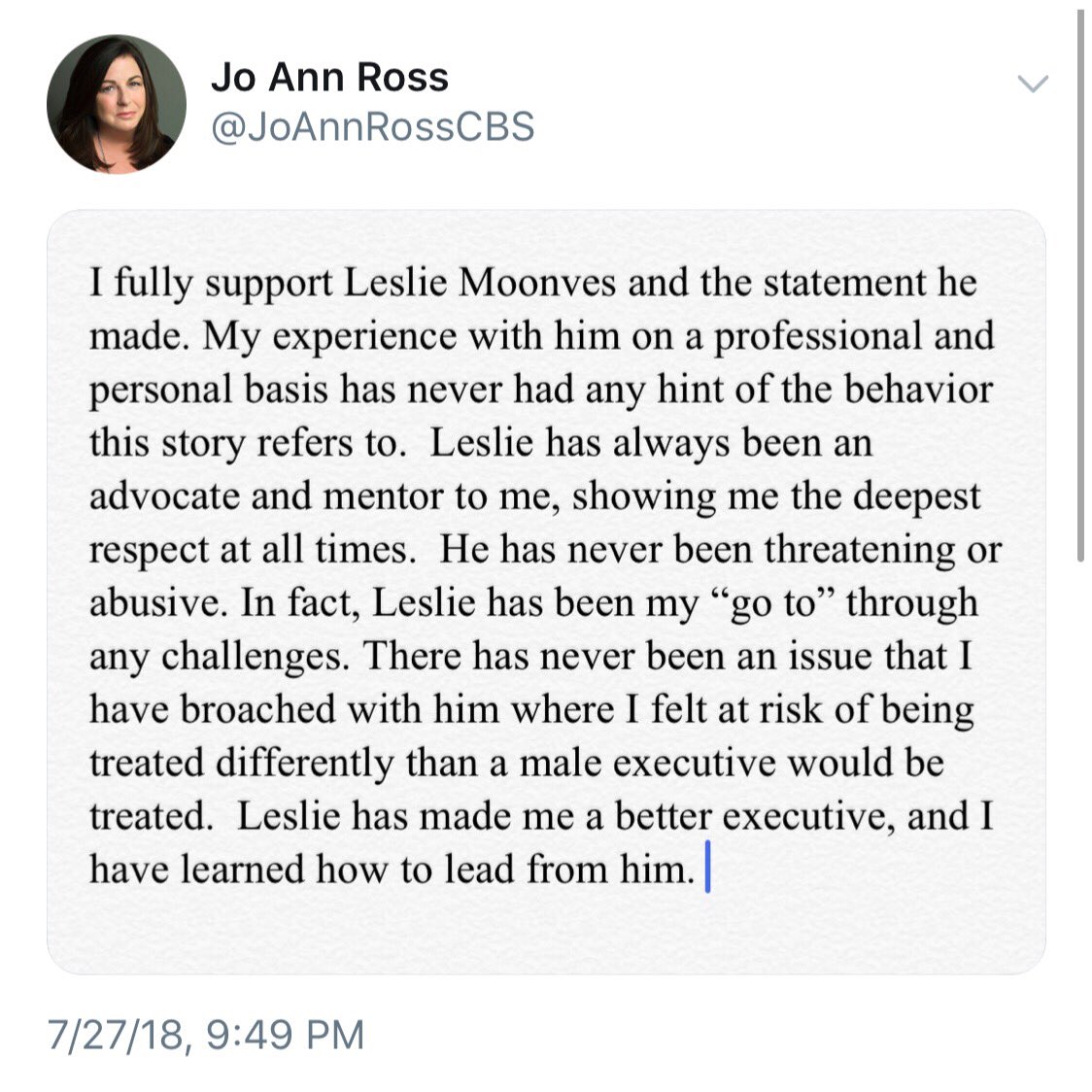 23. Tweeted by  @JoAnnRossCBS, President and Chief Advertising Revenue Officer of CBS, on July 27, 2018