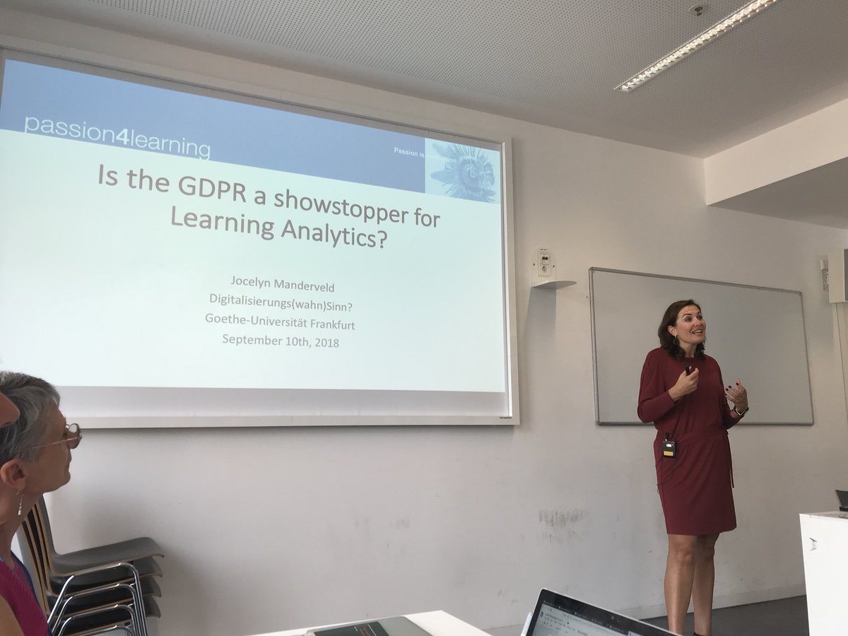 HDrachsler's tweet photo. Conference rush, after #ectel2018 back in Frankfurt for #DELFI2018 just kicked off keynote by @jocelynmary in the #learninganalytics workshop: is GDPR a show-stopper 4 LA? https://t.co/EHLQWiAfTX
