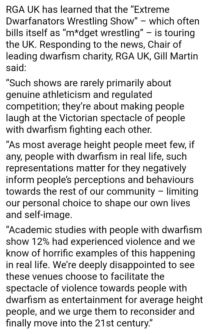 RGAUK's tweet photo. RGA UK responds to news of “m*dget wrestling” events in UK. Please read and RT. https://t.co/UoxmjJuNEf
