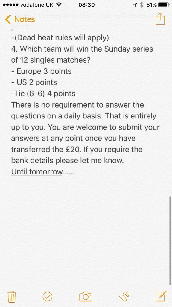 Want to add a little extra excitement to the #Rydercup2018? Then enter my competition &amp; have a shot at winning a big pot of cash. £20 entry, 75% back in prize money, 25% to <a href="/Racingwelfare/">Racing Welfare</a> &amp; <a href="/PancreaticCanUK/">Pancreatic Cancer UK</a>. 20 questions in all, first 5 below. DM me for all details. Pls retweet.