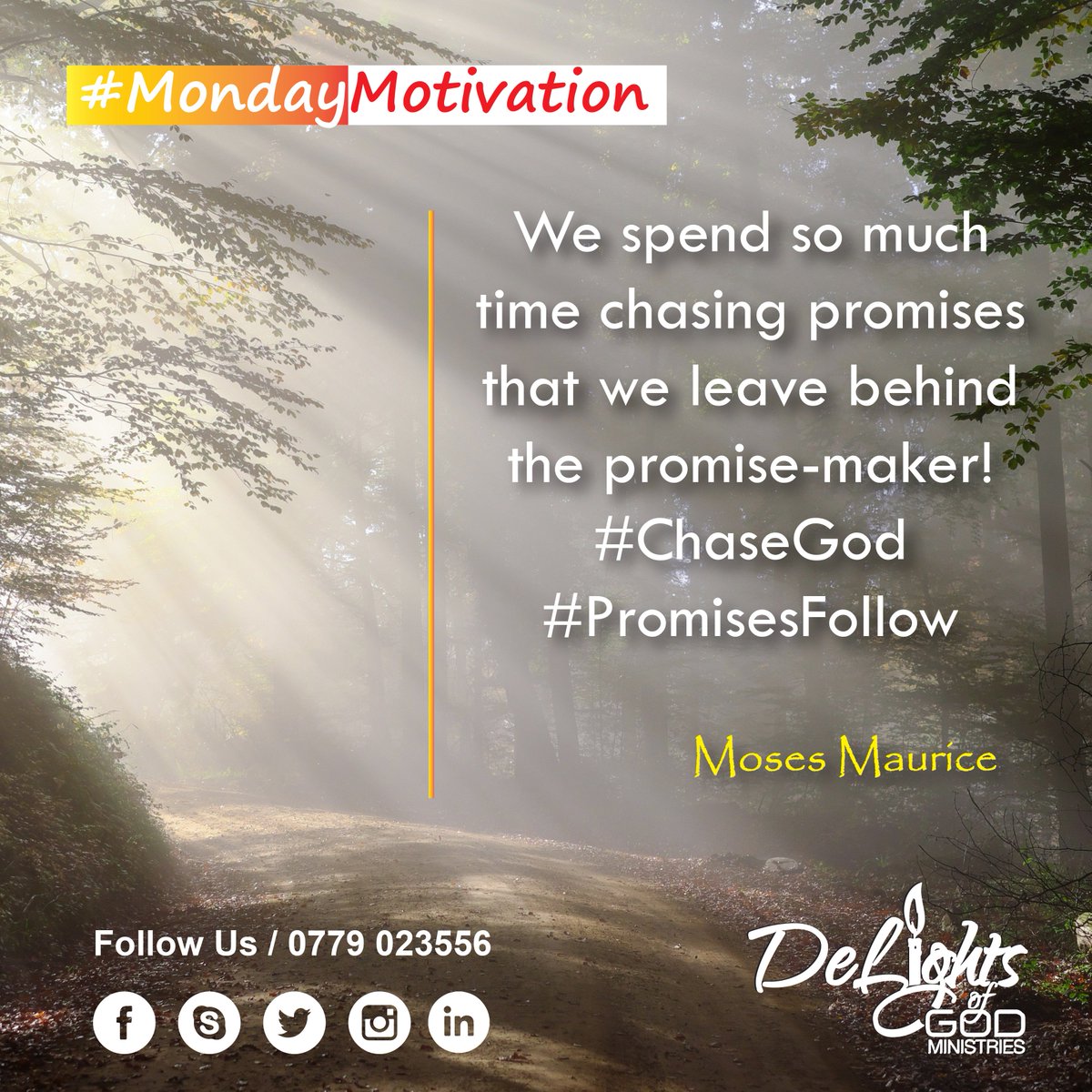 DelightsOfGod's tweet photo. We spend so much time chasing promises that we leave behind the promise-maker!
#ChaseGod
#PromisesFollow
#MondayMotivation
#MondayMorning https://t.co/OPlUpm3xC6