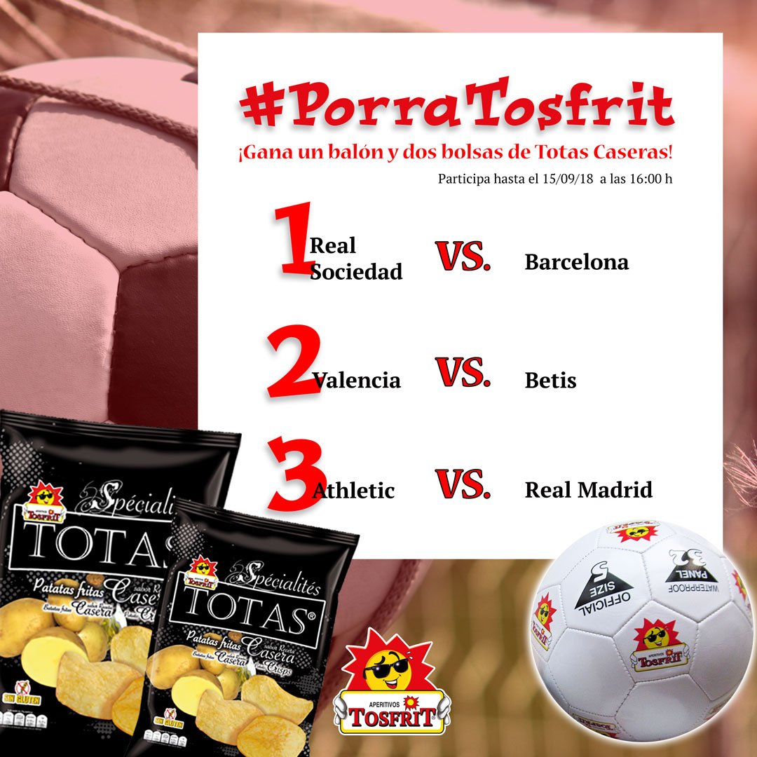 TosfritOficial's tweet photo. ¡Os presentamos la siguiente #PorraTosfrit! ⚽ ⚽ Participa en el sorteo de dos bolsas de Totas Caseras y un balón: 
1️⃣ Sigue a Tosfrit.
2️⃣ Haz RT.
3️⃣ Comenta (1-X-2) con tu pronóstico de estos 3 partidos de la jornada 4.
🍀 ¡Mucha suerte! 🍀

#Sorteo #LigaTosfrit https://t.co/ljSBAGpteM
