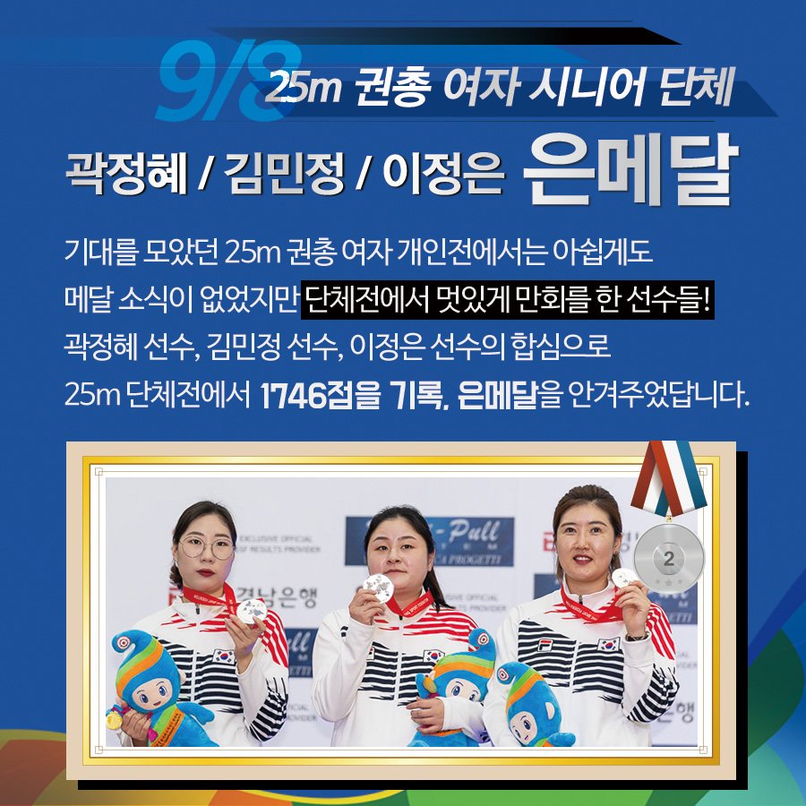 2018changwon's tweet photo. 2018창원세계사격선수권대회

경기 6일차 결과
10m 공기소총 여자 주니어 단체 동메달 획득!

경기 7일차 결과
25m 권총 여자 주니어 단체 금메달 획득!
25m 권총 여자 시니어 단체 은메달 획득!

경기 8일차 결과
10m 여자 러닝타겟 단체 북측 은메달 획득!
10m 남자 러닝타겟 단체 북측 은메달 획득! https://t.co/JzFyt2KSQe