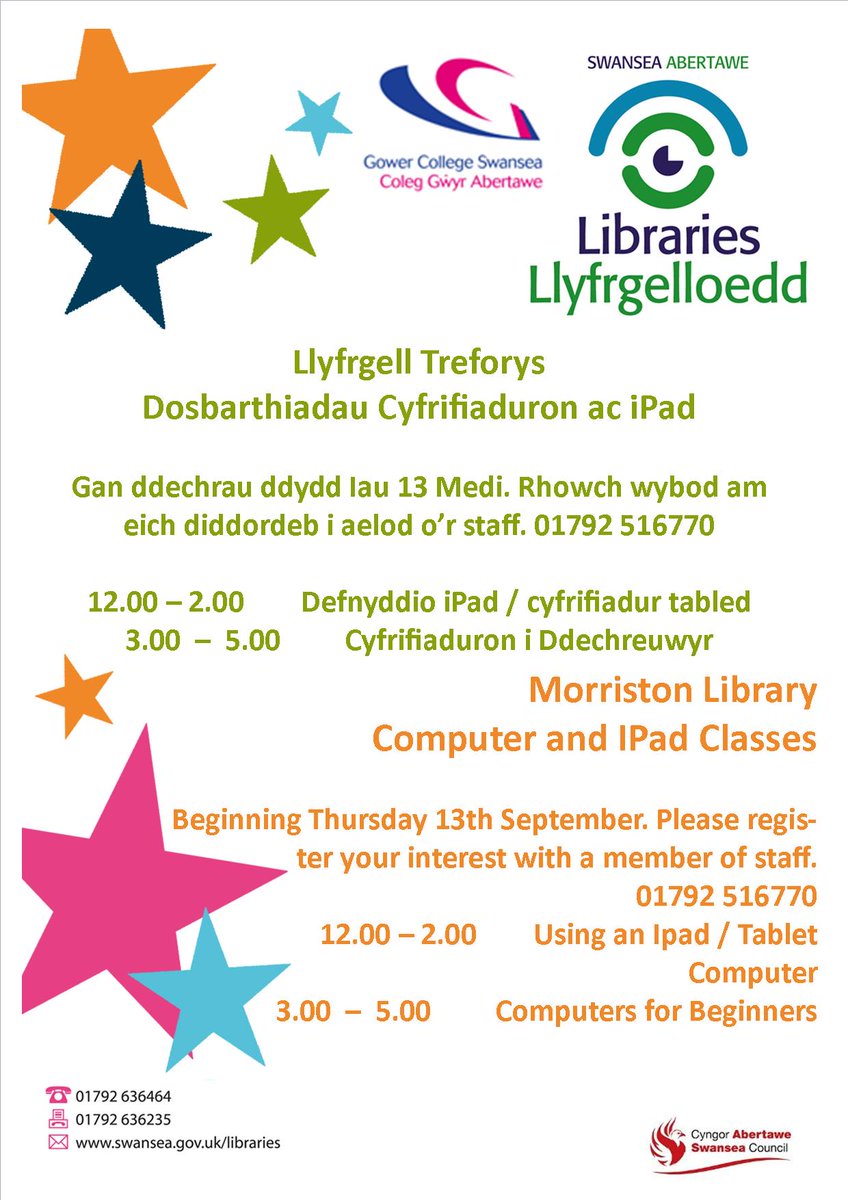 Dosbarthiadau Cyfrifiaduron ac iPad yn Llyfrgell Treforys, gan <a href="/GowerCollegeSwa/">Gower College Swansea</a> - gan ddechrau ddydd Iau 13 Medi.
#CaruLlyfrgelloedd

 <a href="/GyrfaCymru/">GyrfaCymru</a> <a href="/JCPinSwanseaBay/">JCP in Swansea Bay</a> <a href="/learndirect_cym/">learndirect Cymru</a>  @AgeCymruSB