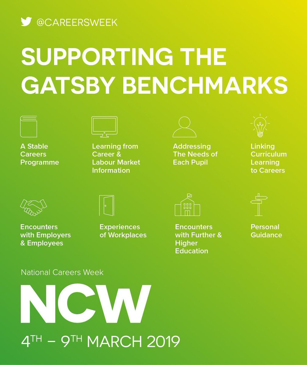 We are delighted to confirm #NCW2019 will take place as follows:
🗓4th - 9th March 2019 
Get it in the diary early and start planning early.  A great platform to support the <a href="/GatsbyEd/">Gatsby Education</a> Benchmarks with new FREE Resources coming soon!   
#SLTchat
#Ukedchat
#Careersstrategy