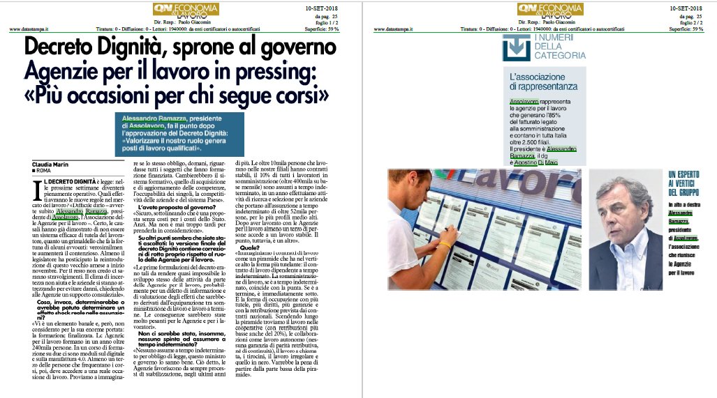 assolavoro's tweet photo. Tra poche settimane il #DecretoDignità diventerà pienamente operativo: quali saranno i suoi effetti sul mercato del #lavoro? Ne parla il Pres. #Assolavoro #Ramazza in questa intervista pubblicata oggi da Quotidiano Nazionale.  https://t.co/mHPBobAbGs #Assorassegna https://t.co/Ju73aqz47G