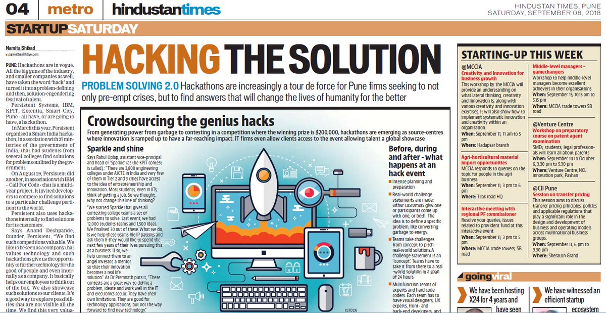 EXTENTIA's tweet photo. Our recent X24.2018 ‘D.I.E. Hard’ hackathon was covered in the @htTweets over the weekend! Take a look. #HindustanTimes
#hackathonX24 #hackathon #Pune
https://t.co/Yfu6YpzFAp https://t.co/XUWQoLYWqd
