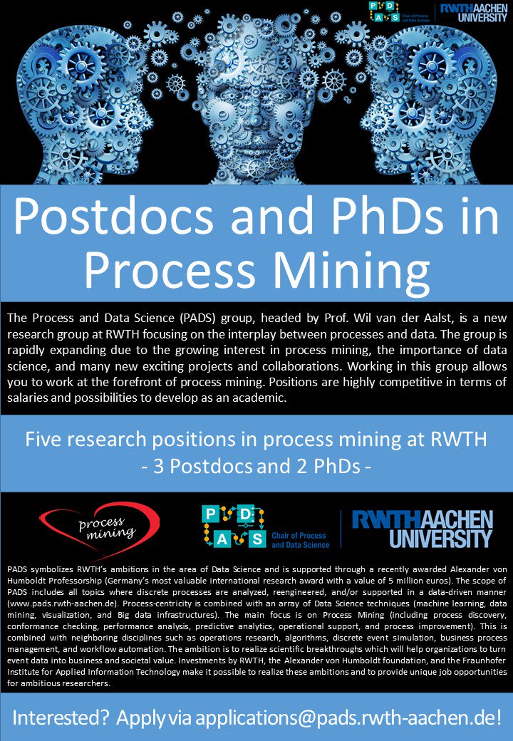 Five research positions in process mining at RWTH - 3 Postdocs and 2 PhDs. Next to more application oriented process mining positions at Fraunhofer FIT. If you attend #BPM2018 this week or the World Computer Congress next week, please approach me. applications@pads.rwth-aachen.de
