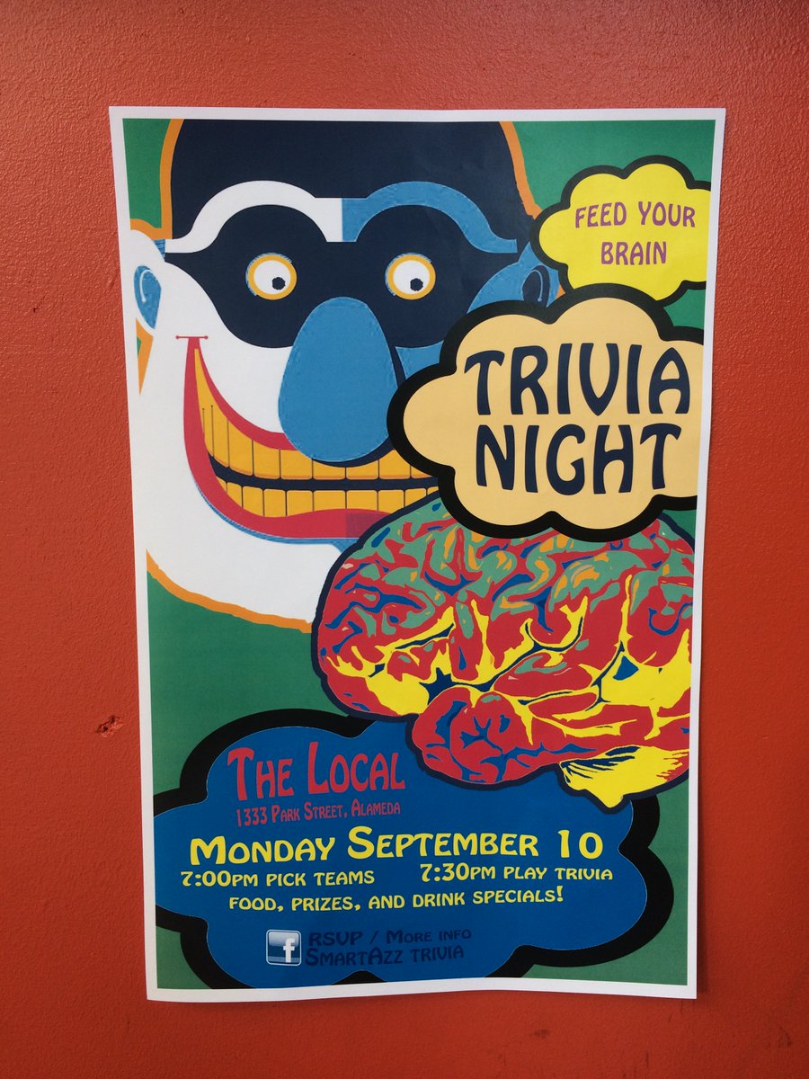 Tomorrow - MONDAY September 10th is Trivia Night at The Local! Pick teams at 7:00pm and at 7:30pm Trivia begins!!!! Delicious food - Drink specials - and Prizes!!! <a href="/thelocalalameda/">The Local, Alameda</a>