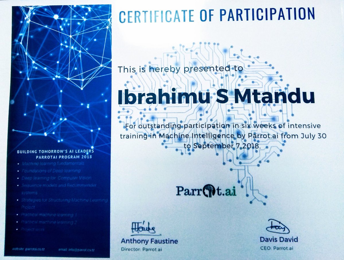 mtandu_org's tweet image. Much thanks to @ParrotAI  to show me direction in machine learning. I had a dream since then to lean machine learning, I tried self learning which was tiresome to me but with help of @ParrotAI  and @pythontz made this happen #MLfor6weeks
