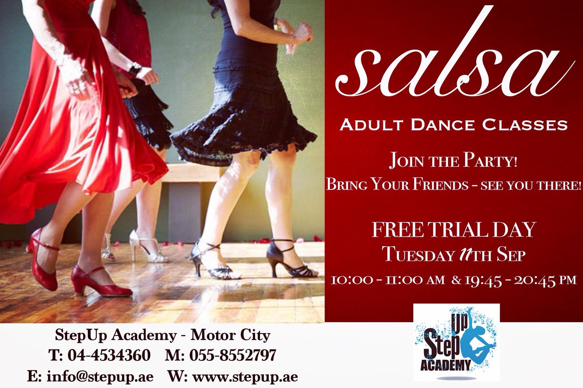 StepUpAcademy's tweet image. FREE Salsa classes tomorrow...for adults! Get fit having fun! #salsa #dance #freetrial #bringyourfriends #learntodanceindubai #dubaidanceacademy #latinandballroom #getyourgrooveon