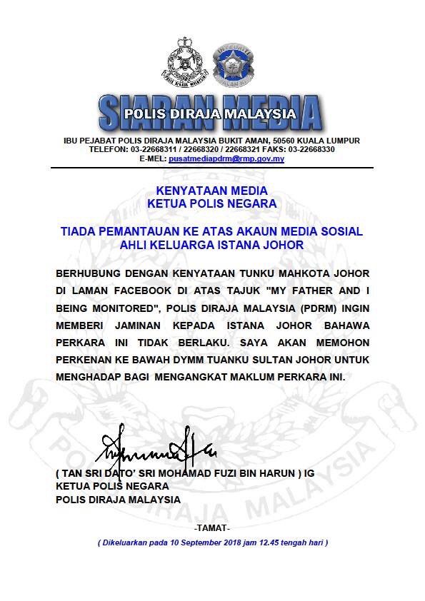 Tiada Pemantauan Ke Atas Akaun Media Sosial Ahli Keluarga Istana Johor. <a href="/PDRMsia/">Polis Diraja M'sia</a> <a href="/KDNPUTRAJAYA/">KDN🇲🇾</a>