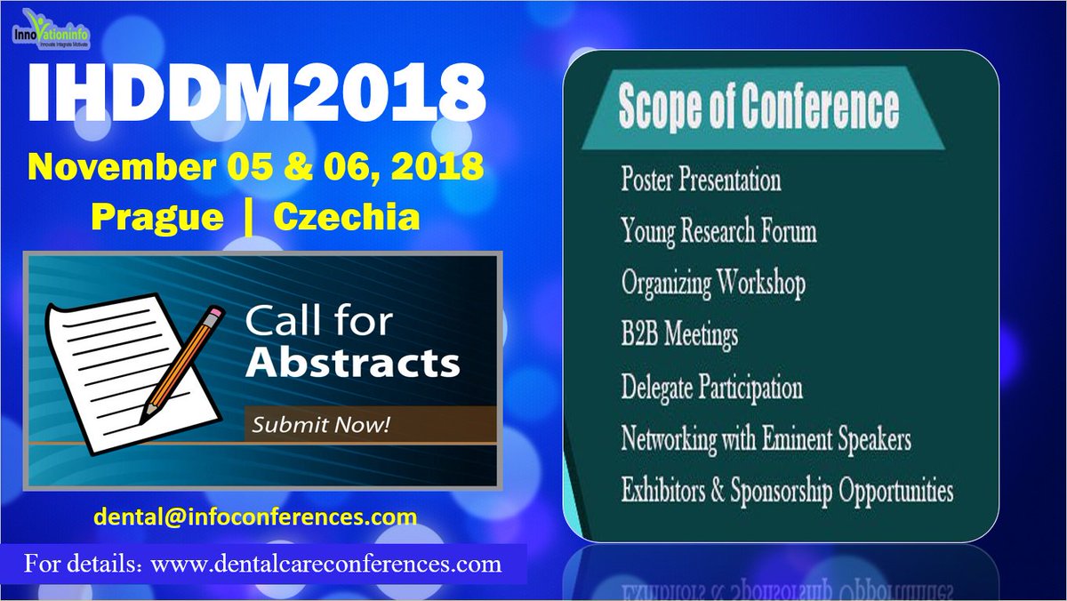 IHDDM2018's tweet image. #IHDDM2018 - #Scope of #Conference
#dentist #dentistry #dental #cosmeticdentistry #orthodontics #pediatricdentist #pediatricdentistry #periodontist #endodontist #oralsurgeon #teeth #oral #posters #presentation #holistic #Prague #Czechia #Europe
Link: dentalcareconferences.com/dental/submit_…