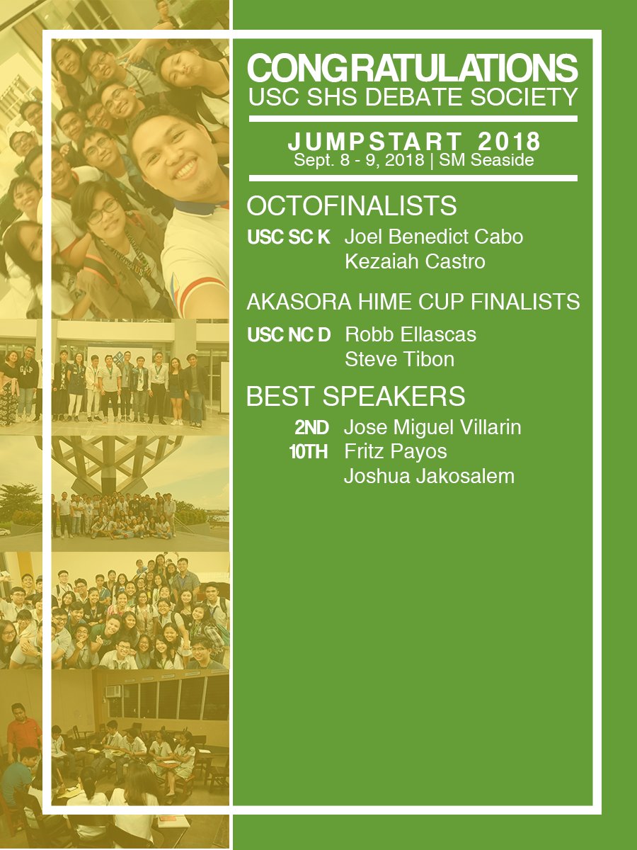uscshs_debsoc's tweet photo. Carolinians! Let's give our loudest cheers and congratulations to the USC Debaters who gave their all in the Jumpstart Novice Debate Championship 2018!
#StandUpBeHeard #TeamPotentials #USCPotentials #READYsaPOTENTIAL #READYNAKO https://t.co/oFDxunwfsN