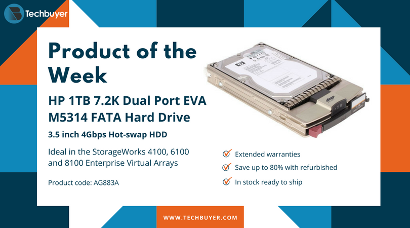 TechbuyerGroup's tweet photo. HP 1TB 7.2K Dual Port hot-swappable #HardDrive with 2Gb hybrid fibre channel ATA interface comes with extended warranties. The AG883A is ideal in the #StorageWorks 4100, 6100 and 8100 Enterprise Virtual Arrays. Save up to 80% off the RRP with refurbished. https://t.co/uoBEqLalLR https://t.co/swRhf4a1jj