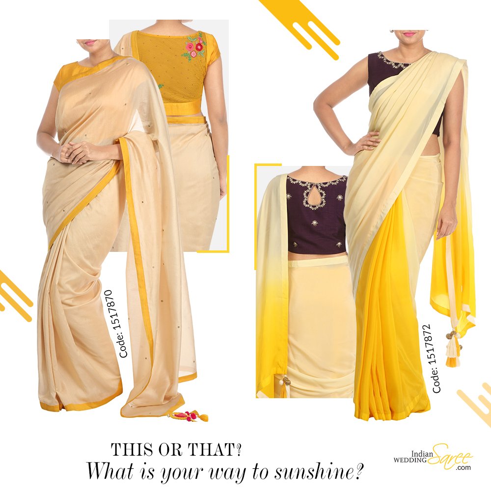 Subtle yellow in Chanderi silk or bright yellow in crepe silk!
#WhatsYourPick

Shop here: bit.ly/2wZTTCr & bit.ly/2Mh9cMq
.
.
.
.
.
#IndianWeddingSaree #silk #bollywood #SilkSaree #indian #ethnic #ethnicwear #Salwarsuit #Resham #ChanderiSilk