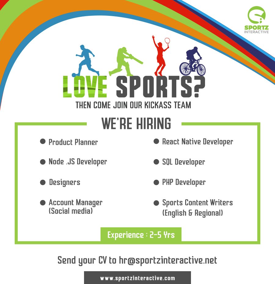 Apply Now!
careers@sportzinteractive.net
sportzinteractive.com
#hiring #development #contentwriting #Jobs #mumbaijob #mediajob #media #english #JobSearch #regional #jobseekers #contentwriting #Writer #sports #mumbai #JobSeekersMonday #media #tamil #bengali #malayalam #developer