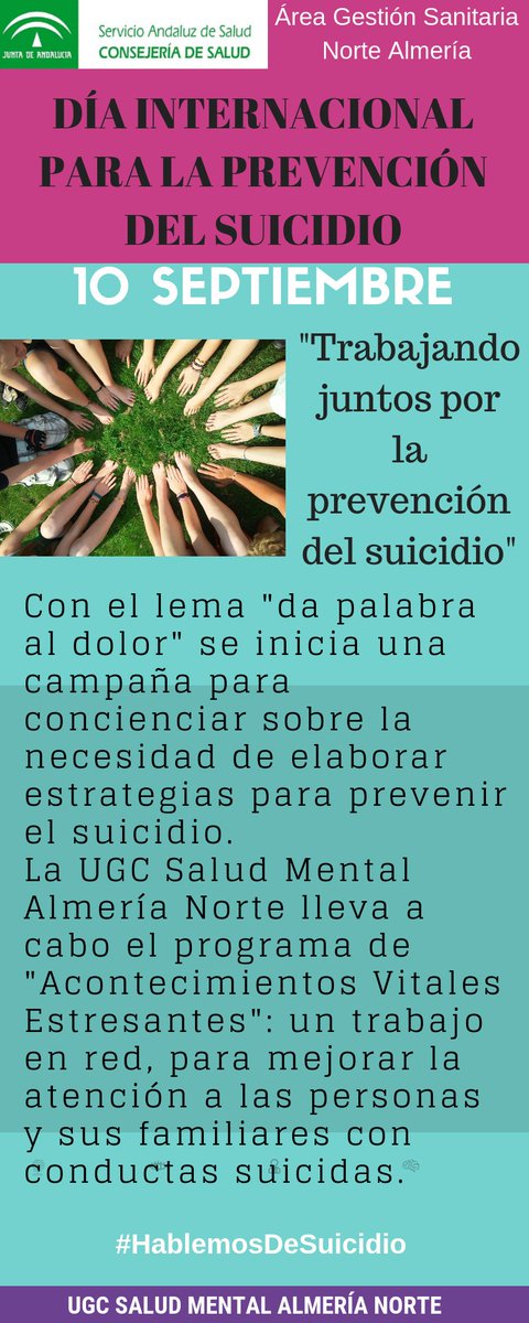 beperamirez's tweet photo. Trabajando juntos para la prevención del suicidio.Ugc salud mental Área Norte de Almería.
@smalmerianorte @saludand #HablemosDeSuicidio https://t.co/XoDXfJ7vrx
