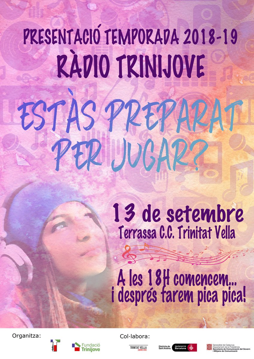 Poblesantandreu's tweet photo. @radiotrinijove presenta LA #TEMPORADA 2018-19🎙️EL #13SETEMBRE🗓️, A LES 18H🕕, A LA TERRASSA @CCTrinitatVella !. Us esperen a tots!, no faltaran sorpreses! https://t.co/tYaSUl4qYv