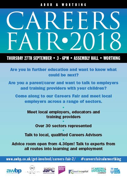 Careers Fair at Assembly Hall Worthing 27th September 3-6pm.  Employers, education, training, advice. Open to all #careersfairadurworthing