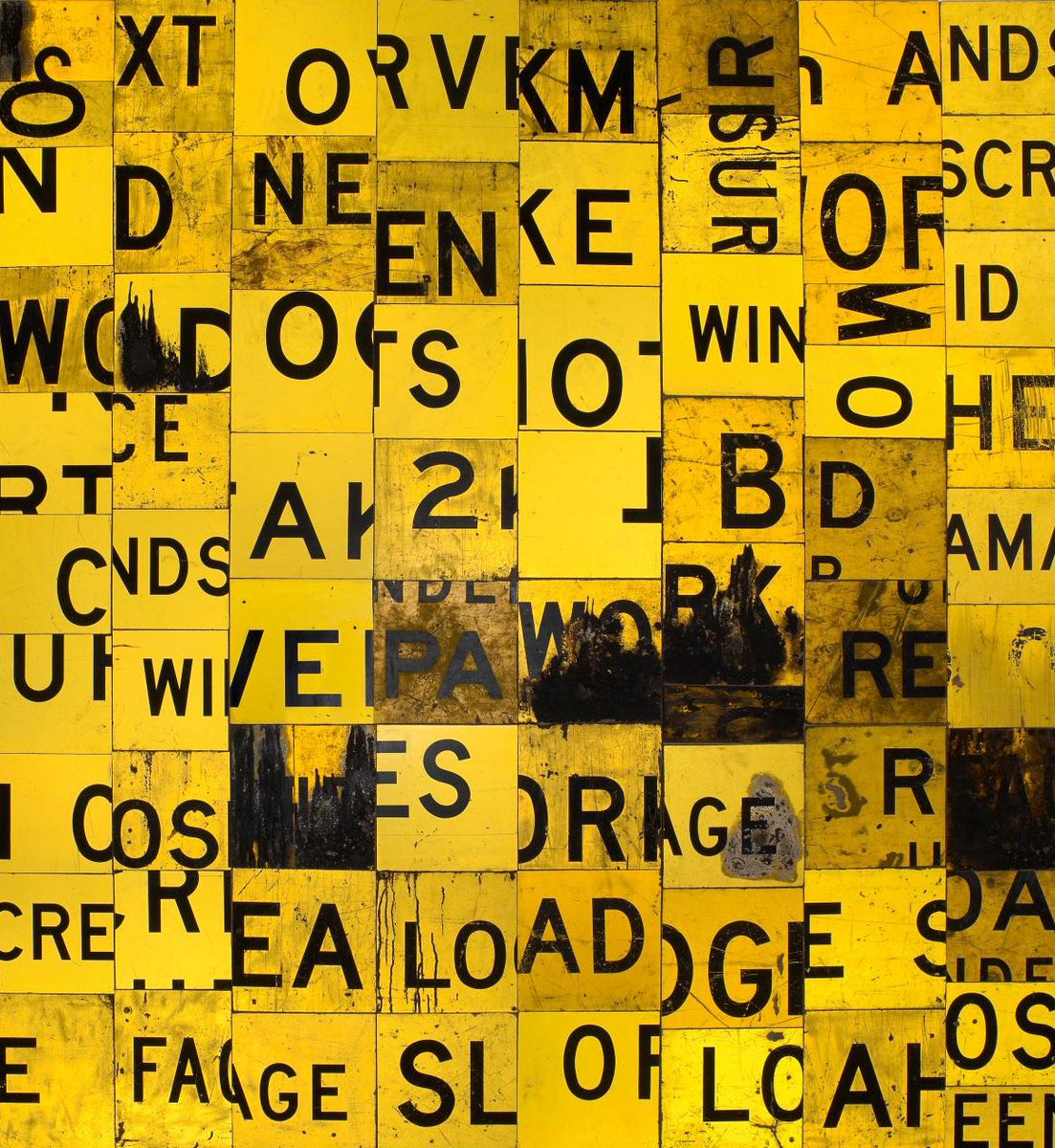 NGVMelbourne's tweet photo. What words do you see in Rosalie Gascoigne’s Flash art, 1987? Visit this work on display Level 2 at NGV Australia, Fed Square. #NGV #NGVCollection https://t.co/tDbs4zeDdz