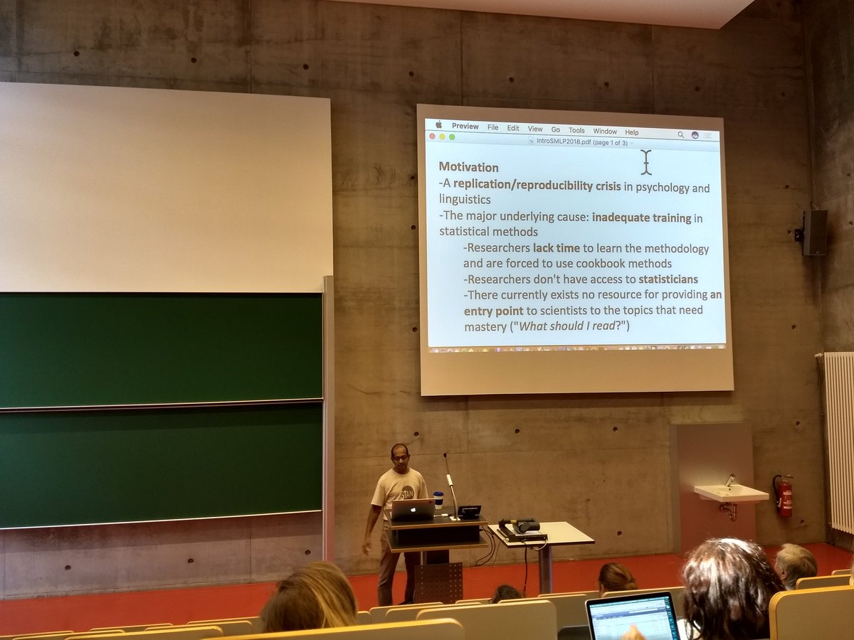 simoncolumbus's tweet photo. .@shravanvasishth introducing the #SMLP2018 summer school: "There's a replication crisis in linguistics we don't know about yet" - better methodological training will help us fight it. Looking forward to a fun week of stats! https://t.co/aQhVgAyLIO