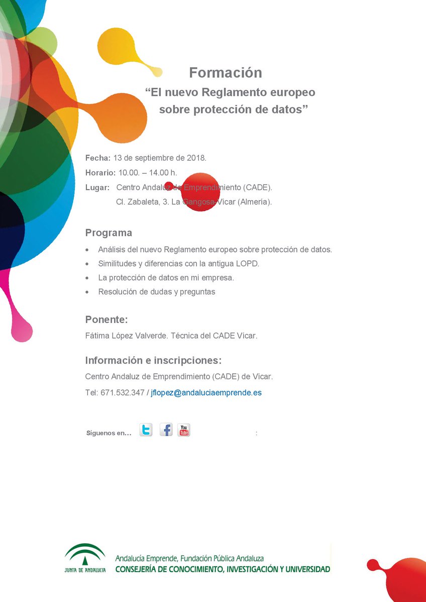 cadealmeria's tweet photo. Te interesa: asiste el próximo jueves, 13 de septiembre al Curso "El nuevo reglamento europeo sobre #ProtecciondeDatos" en el #CADEVicar, podrás saber cómo debes tratar los datos de tus #Clientes . No te lo pierdas! #Empresa @cadealmeria @aemprende https://t.co/SQJX1FYvbd