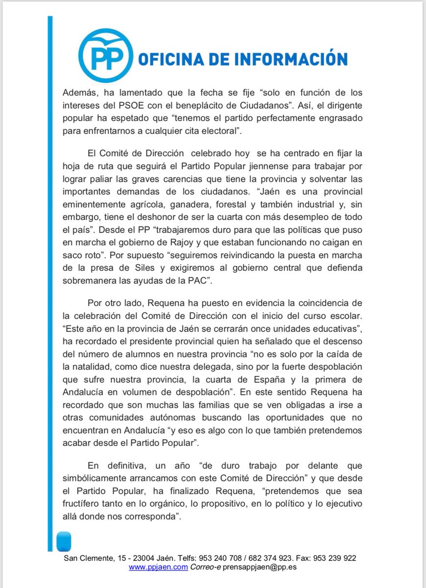 Comité de Dirección
➡️ @alcaldeJDR : “El <a href="/pp_jaen/">PP Jaén</a> está listo para un posible adelanto electoral y acabar con 40 años de socialismo”