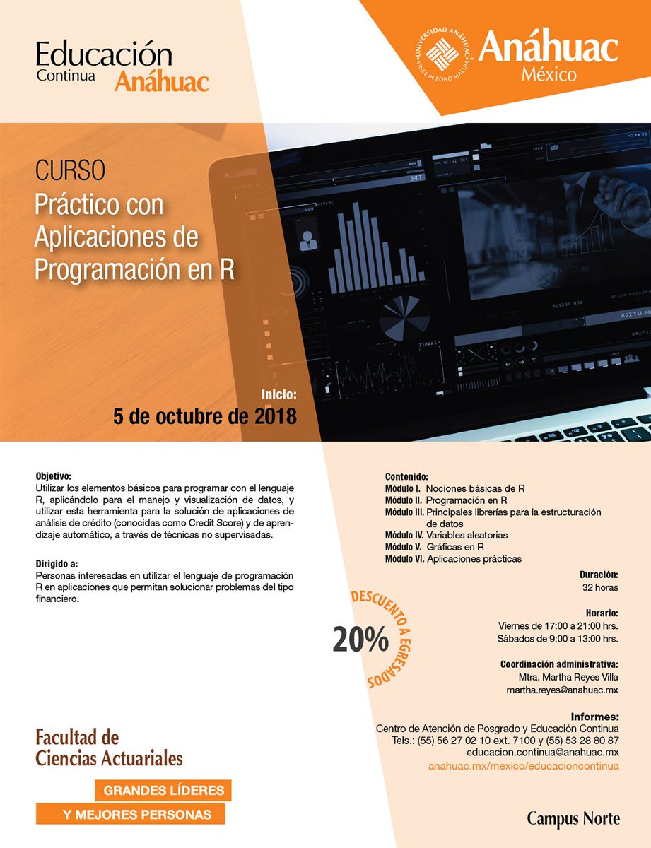ActuariaAnahuac's tweet image. #Curso Te invitamos al Curso Práctico con Aplicaciones de Programación en R
Inicio: 5 de octubre. Informes: martha.reyes@anahuac.mx #ProgramacionEnR
Más info: anahuac.mx/mexico/Escuela…
