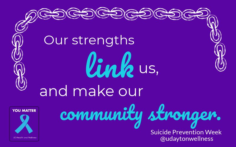 UDaytonWellness's tweet photo. Today is international suicide prevention day. Come visit our table outside KU 11am-1pm to tell us what strengths you. #strengthslinkus #udcommunity https://t.co/tUdwh8wrqu