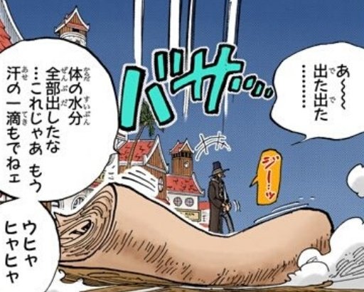 One Pieceが大好きな神木 スーパーカミキカンデ ジョボさんはジョボボボボボって効果音で凄く覚えやすくて好きだし これじゃあもう汗の一滴もでねェって前フリしっかり言ってからすぐに顔中から汗や鼻水だくだく出すところも好きです