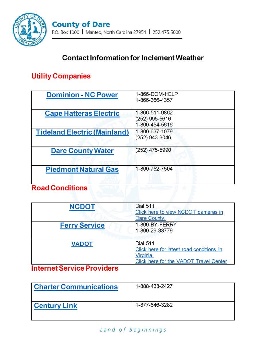 DareCountyGovt's tweet photo. In case you lose access to the internet during #Florence go ahead and save these numbers into your cell phone for easy access #OBX https://t.co/VSSvMTYgqu