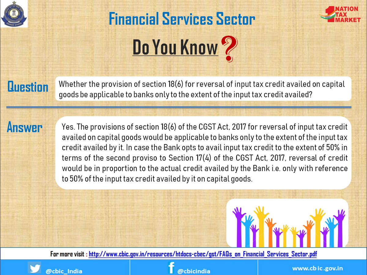 cbic_india's tweet image. Financial Services Sector 
FAQs on GST related issues of Financial Sector

#Banking #Insurance #StockBrokersSector #FAQsFinancialSector