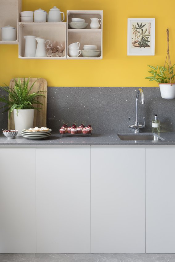 CRLstone's tweet photo. Here is our timeless Quartz Grey Reflection to brighten up the start of your week! We think this pop of yellow complements it beautifully and makes it bang on trend. #surfaceoftheweek. Sinks and taps from @abodehome . https://t.co/UwvWjs5whT