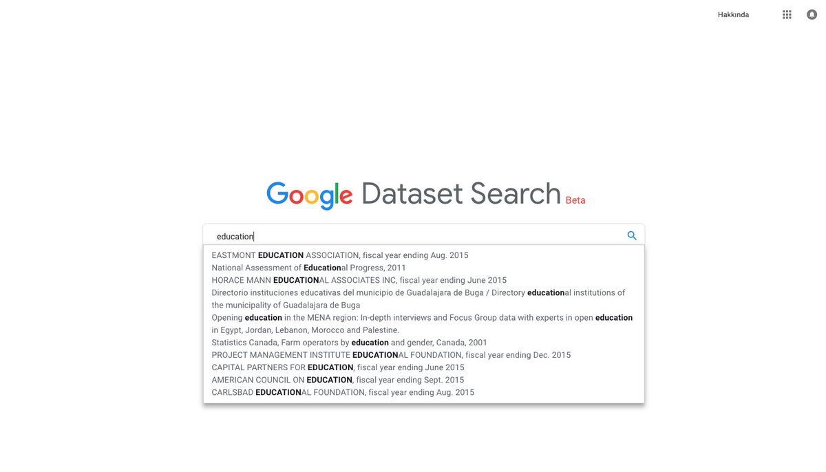goyucel's tweet image. Google&apos;ın yeni arama moturu: veritabanları ve verisetleri. Aradığınız kelimeyle ilgili verileri getiriyor. Veri-temelli iş yapmak istiyorum deyip içini dolduramayanlara duyurulur. #datasetsearch toolbox.google.com/datasetsearch
