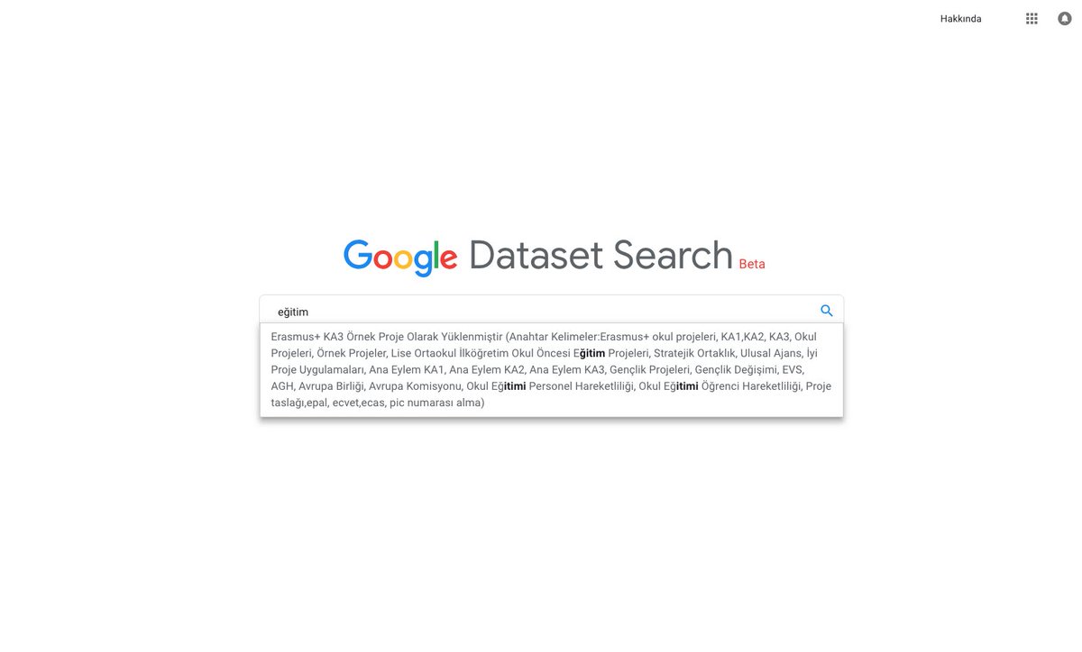 goyucel's tweet image. Google&apos;ın yeni arama moturu: veritabanları ve verisetleri. Aradığınız kelimeyle ilgili verileri getiriyor. Veri-temelli iş yapmak istiyorum deyip içini dolduramayanlara duyurulur. #datasetsearch toolbox.google.com/datasetsearch
