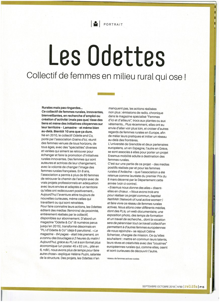 lesodettes's tweet photo. Merci à l'équipe du service de communication du Conseil Départemental de l'Ardèche pour leur bel article sur notre collectif des odettes dans le numéro de Relief de sept-octobre. 😃 https://t.co/MZiABZETVH