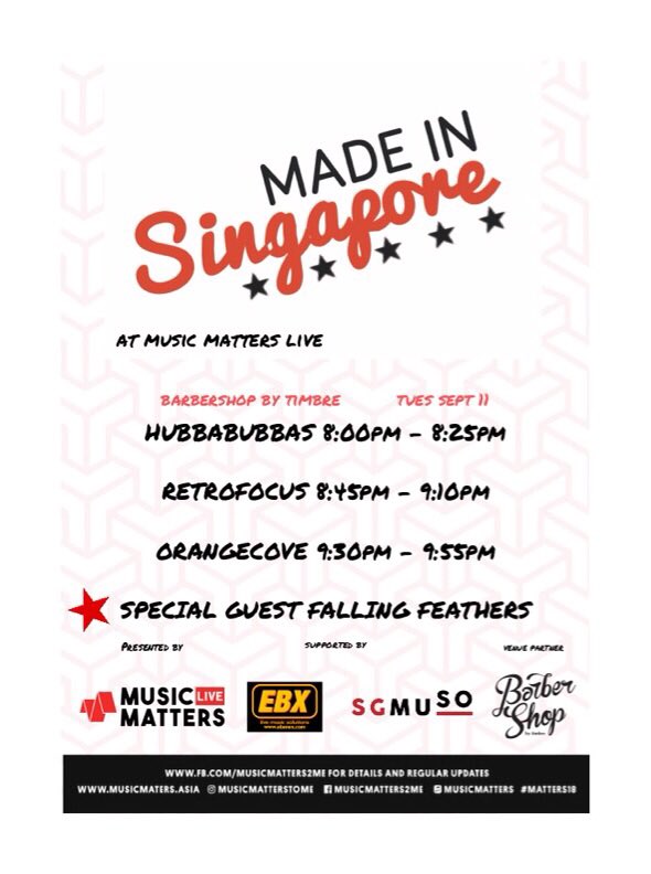 Happening tomorrow! Head on down to @timbremusic Barbershop and catch the amazing local acts starting at 8pm🔥 Also, we have a special guest appearance by Falling Feathers so don’t miss it! #matters18 #madeinsingapore