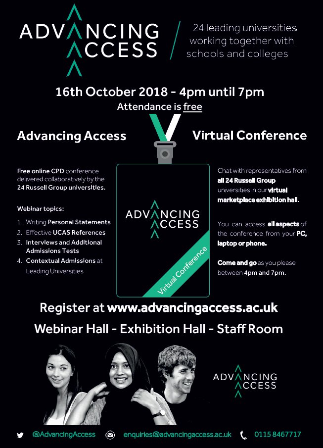 Calling all schools and colleges... register now for the Advancing @AdvancingAccess #VirtualConference. Tuesday 16th October, between 4pm and 7pm. Book here: virtualfair.advancingaccess.ac.uk