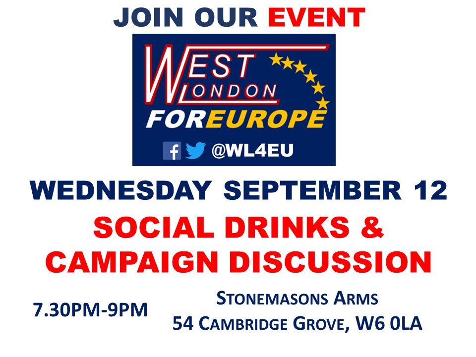 RemainCF's tweet image. Please join us this Wednesday, September 12, at 7:30pm at Stonemasons Arms (54 Cambridge Grove, Hammersmith W6 0LA) for our Social Drinks &amp;amp; Campaign Discussion. #JoinTheConversation
ow.ly/6yfS30lKAhJ